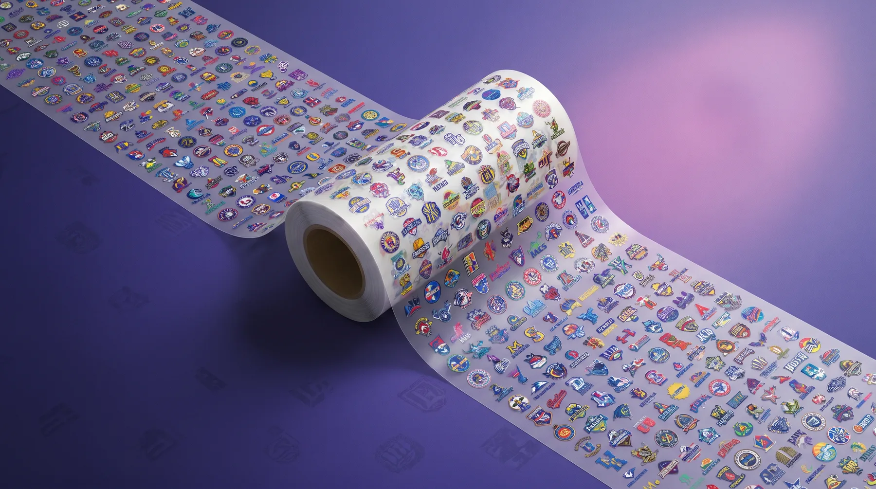 A real DTF gang sheet roll packed edge to edge with hundreds of designs, tightly auto-nested by Printofor